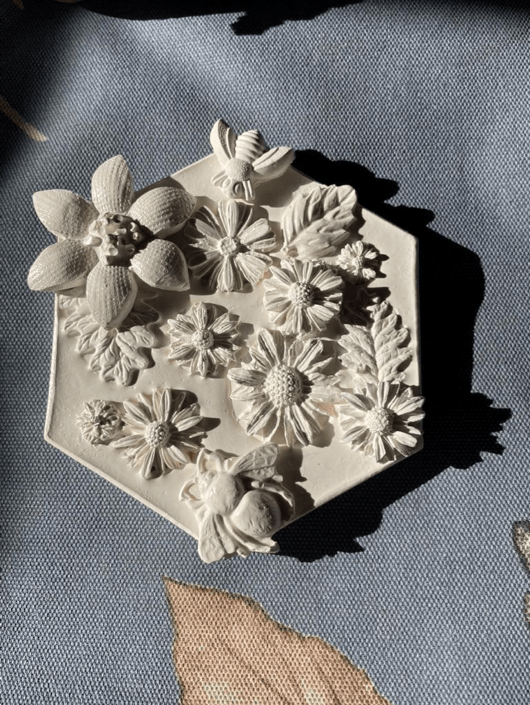 Daisy Garden — Hexagonal Botanical Cast Tile - Wall Hanging - Eclectic Blue Studio